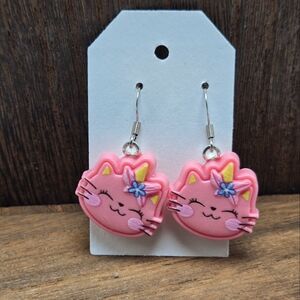 Kawaii Pink Unicorn Cat Earrings Pierced Blue Flower Cat Lady Dangle Jewelry